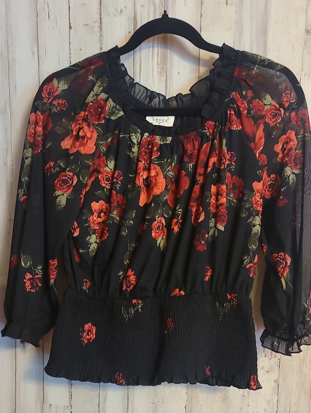 Ember Black Floral Ruffled Peasant Top - Red Rose Print